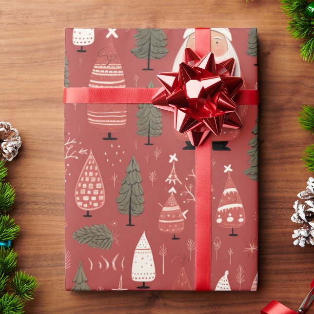 Whimsical Santa Claus & Pine Tree Christmas Wrapping Paper (Creator Uploaded)