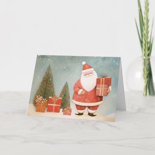 Whimsical Santa Claus with Christmas Tree & Gifts Card (Front)