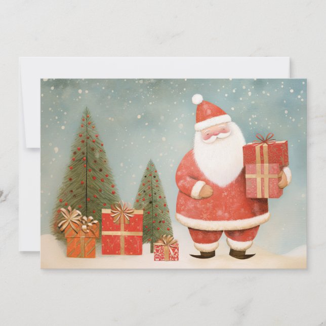 Whimsical Santa Claus with Christmas Tree & Gifts Holiday Card (Front)
