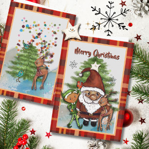 Whimsical Santa, Deer & Elf Boy Plaid Christmas Holiday Card