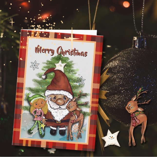 Whimsical Santa, Deer & Elf Plaid Christmas Card  (Whimsical Santa, Deer & Elf Plaid Christmas Card )