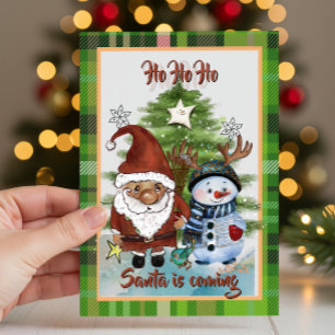 Whimsical Santa, Deer & Elf Plaid Christmas Card