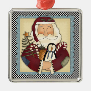 Whimsical Santa Folk Art Christmas Keepsake Metal Tree Decoration