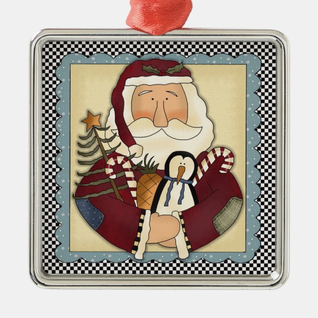 Whimsical Santa Folk Art Christmas Keepsake Metal Tree Decoration (Front)