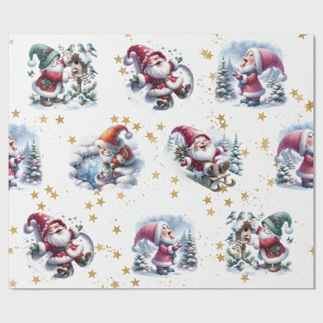 Whimsical Santa Gnomes & Gold Stars Wrapping Paper (Flat)