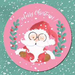 Whimsical Santa Merry Christmas Pink Stickers