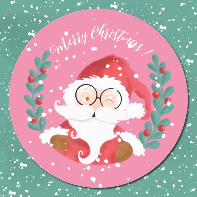 Whimsical Santa Merry Christmas Pink Stickers (Winking Santa round pink Christmas stickers .)