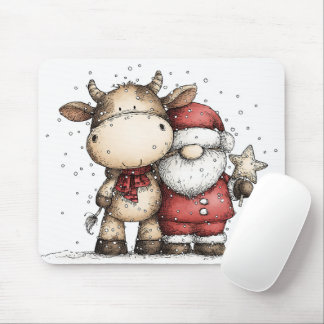 Whimsical Santa & Moo-Moo Holiday Christmas Cheer Mouse Mat
