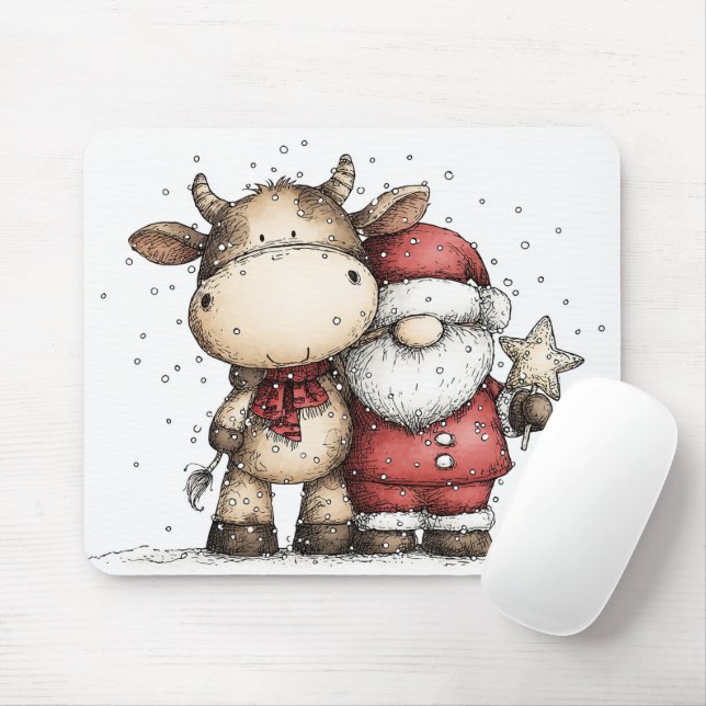 Whimsical Santa & Moo-Moo Holiday Christmas Cheer Mouse Mat (With Mouse)