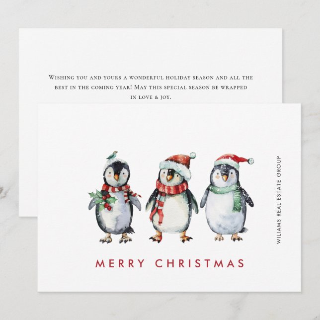 Whimsical Santa Penguins Christmas Corporate Holiday Card (Front/Back)