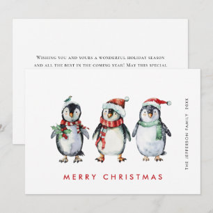 Whimsical Santa Penguins Christmas Holiday Card