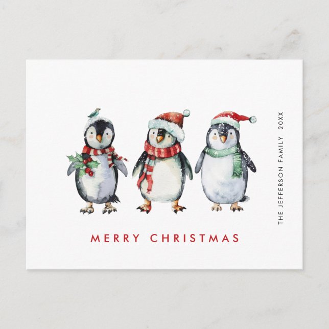 Whimsical Santa Penguins Christmas Holiday Postcard (Front)