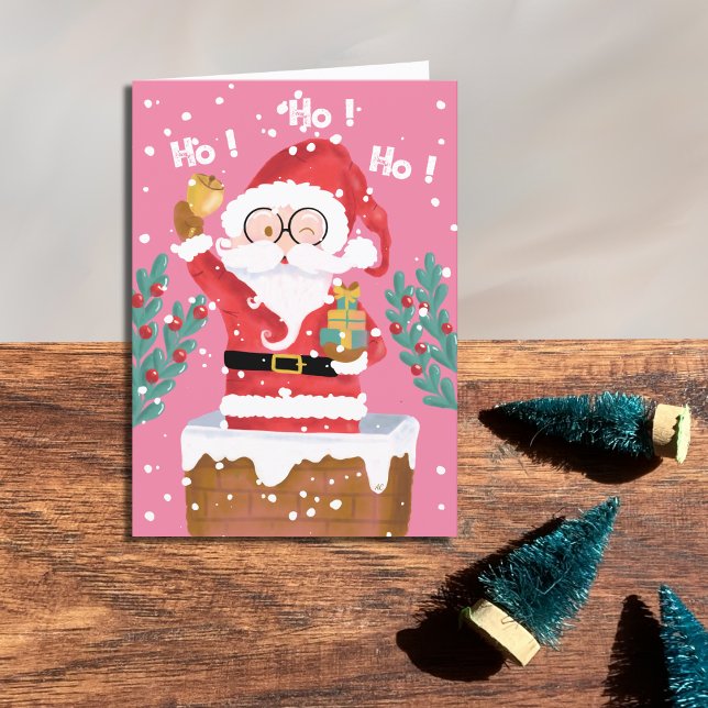 Whimsical Santa Pink Folded Holiday Card (Creator Uploaded)