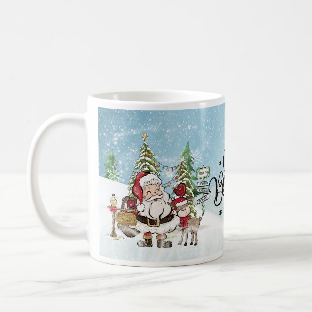 Whimsical Santa & Reindeer Believe Christmas Coffee Mug (Left)
