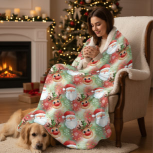 Whimsical Santa & Reindeer Pattern Christmas Sherpa Blanket