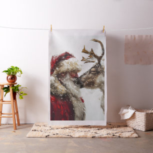 Whimsical Santa & Rudolph Nose to Nose  Fabric