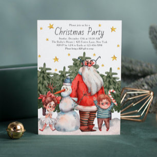 Whimsical Santa Snowman Kids Christmas Party Invitation