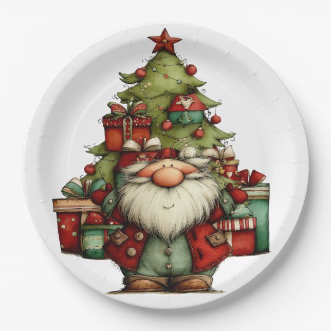 Whimsical Santa With Tree Paper Plate (Front)
