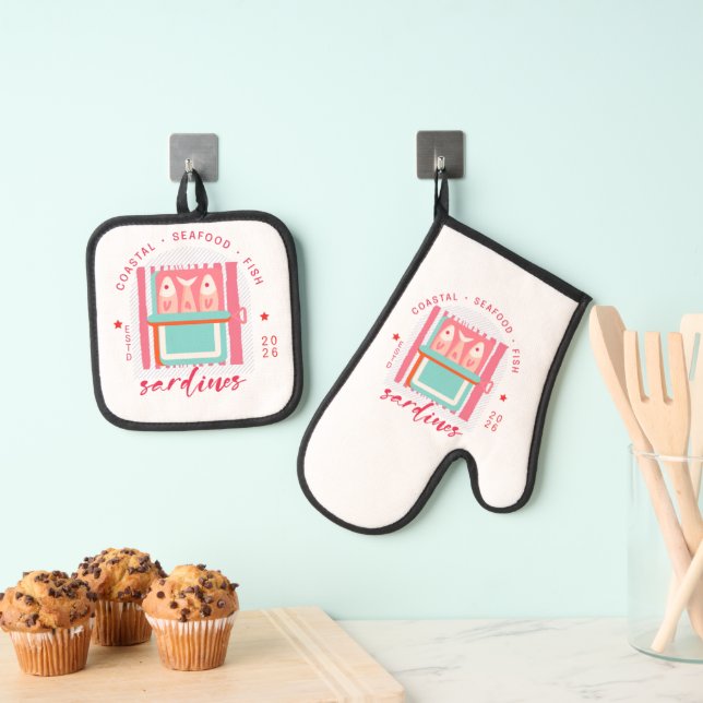 Whimsical Sardines Coastal Beach Oven Mitt & Pot Holder Set (Insitu(Hanging))