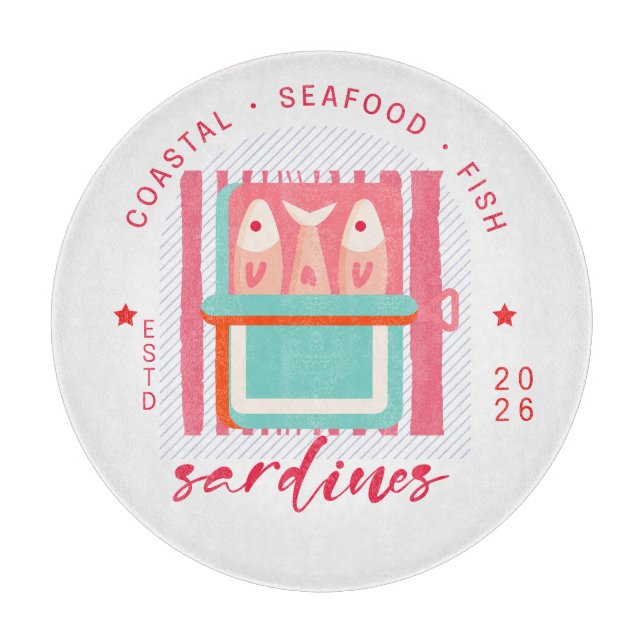 Whimsical Sardines Coastal Beach Pink Cutting Board (Front)