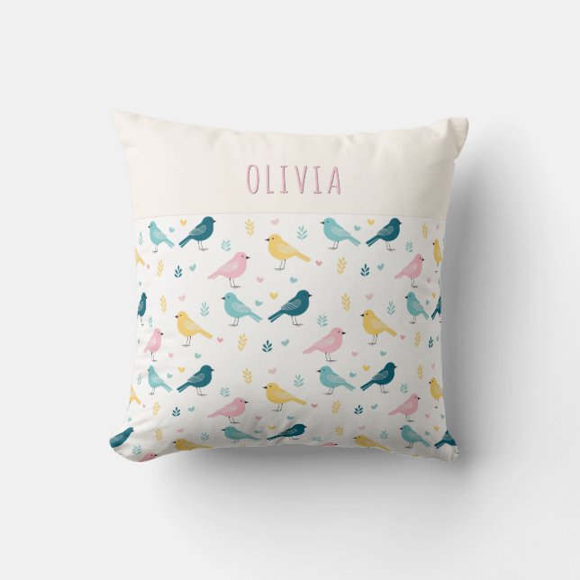 Whimsical Scandi Bird Pattern Personalized Nursery Cushion (Front)