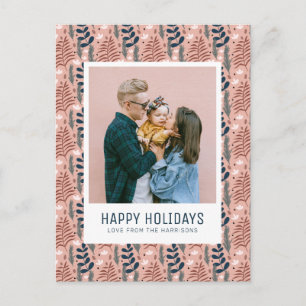 Whimsical Scandi Pink Foliage Pattern Family Photo Holiday Postcard