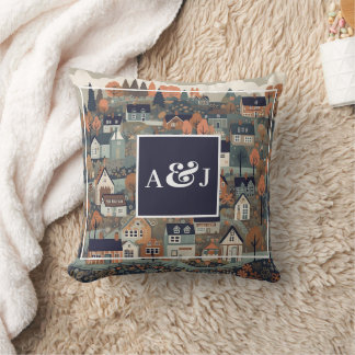 Whimsical Scandinavian Village Monogram Cushion