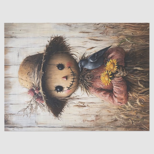 Whimsical Scarecrow Holding Sunflowers Tissue Paper (Front)