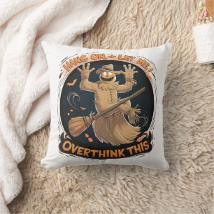 Whimsical scarecrow on a broomstick for Halloween Cushion