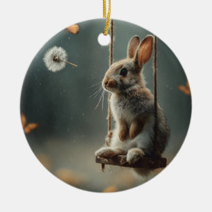 Whimsical Scene of a Cute Baby Bunny on a Swing Ceramic Tree Decoration