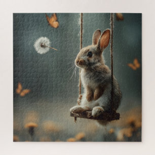 Whimsical Scene of a Cute Baby Bunny on a Swing Jigsaw Puzzle