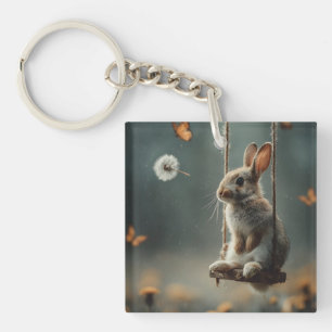 Whimsical Scene of a Cute Baby Bunny on a Swing Key Ring