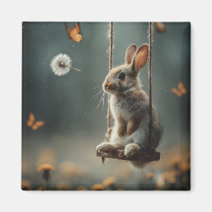 Whimsical Scene of a Cute Baby Bunny on a Swing Magnet
