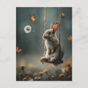 Whimsical Scene of a Cute Baby Bunny on a Swing Postcard