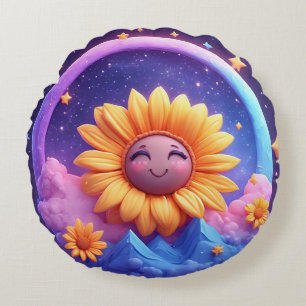 Whimsical Scene Surrounded by Sunflowers Round Cushion