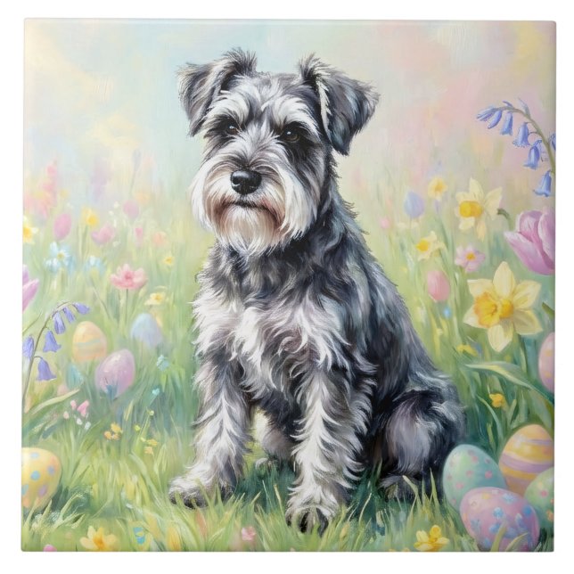 Whimsical Schnauzer with Easter Eggs Tile (Front)