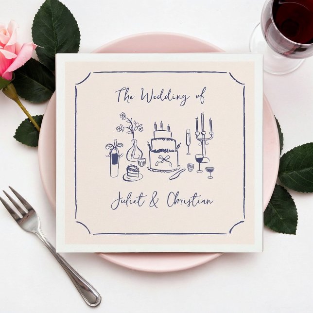 Whimsical Scribble Doodle Hand Drawn Wedding Napkin (blue quirky sketched wedding napkins)