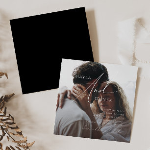 Whimsical Script   Black Square Photo Wedding Invitation