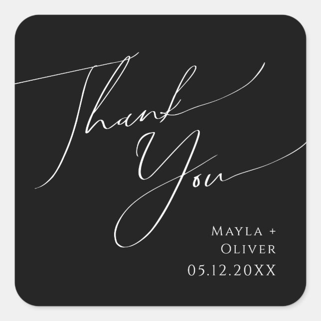 Whimsical Script | Black Thank You Wedding Favour Square Sticker (Front)