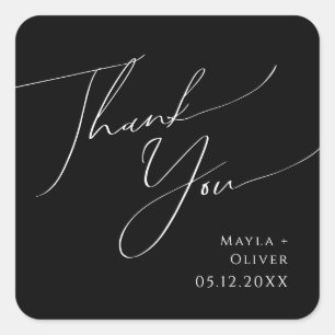 Whimsical Script   Black Thank You Wedding Favour Square Sticker