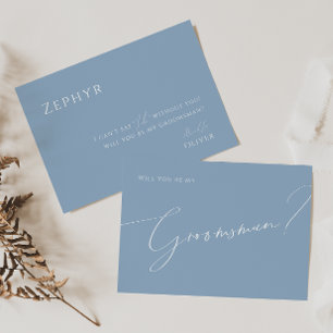 Whimsical Script Blue Groomsman Proposal Card