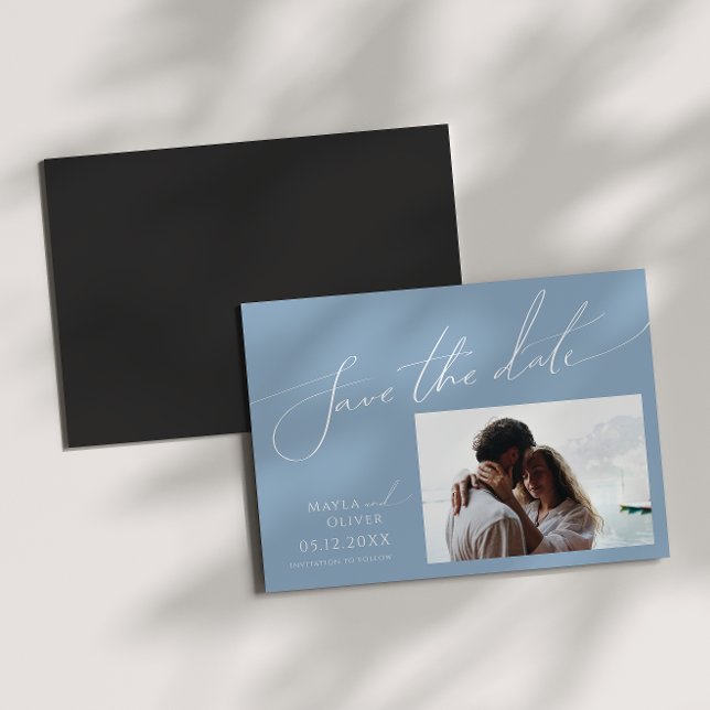 Whimsical Script | Blue Horizontal Save The Date  Magnetic Invitation (Creator Uploaded)