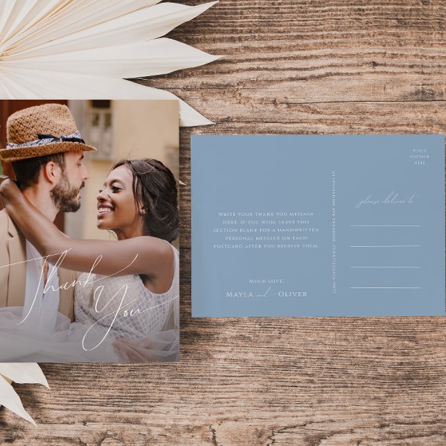 Whimsical Script | Blue Photo Wedding Thank You Postcard (Creator Uploaded)