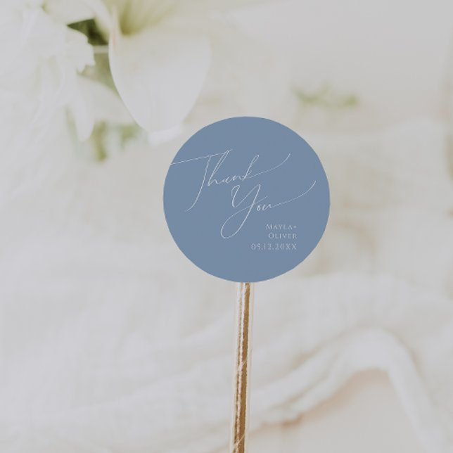 Whimsical Script | Blue Thank You Wedding Favour Classic Round Sticker (Creator Uploaded)