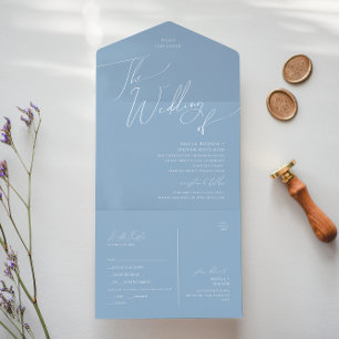 Whimsical Script Blue Wedding Of Seal and Send All In One Invitation