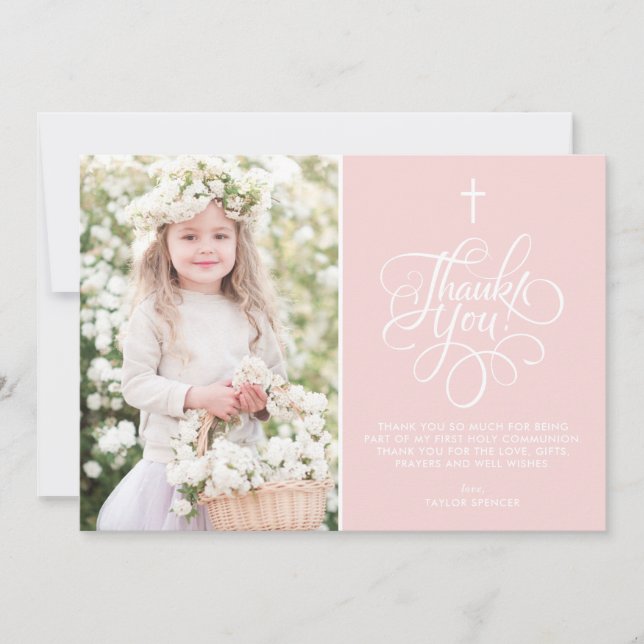 Whimsical Script Blush Pink First Holy Communion Thank You Card (Front)