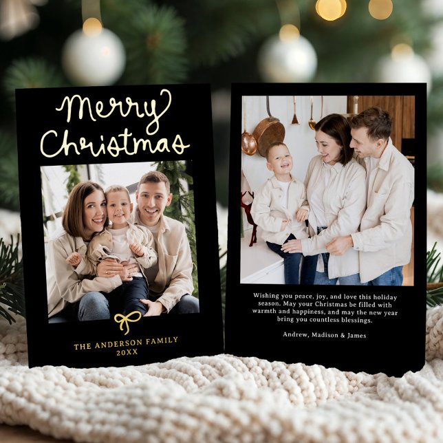 Whimsical Script Bow Black Christmas 2 Photo Foil Holiday Card (Creator Uploaded)
