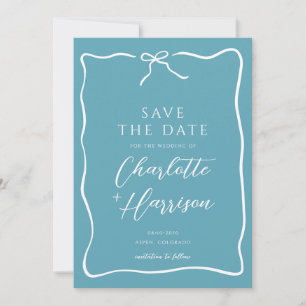 Whimsical Script Bow Border Wedding Blue Save The Date