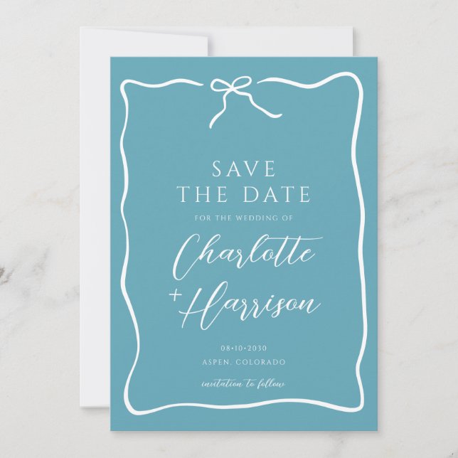 Whimsical Script Bow Border Wedding Blue Save The Date (Front)
