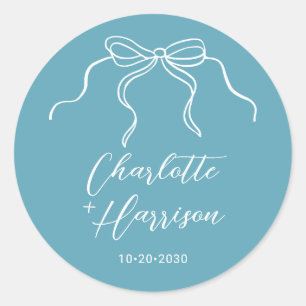 Whimsical Script Bow Border Wedding  Classic Round Sticker